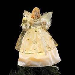 9-inch Ivory and Gold Angel Tree Top with Clear Incandescent Lights